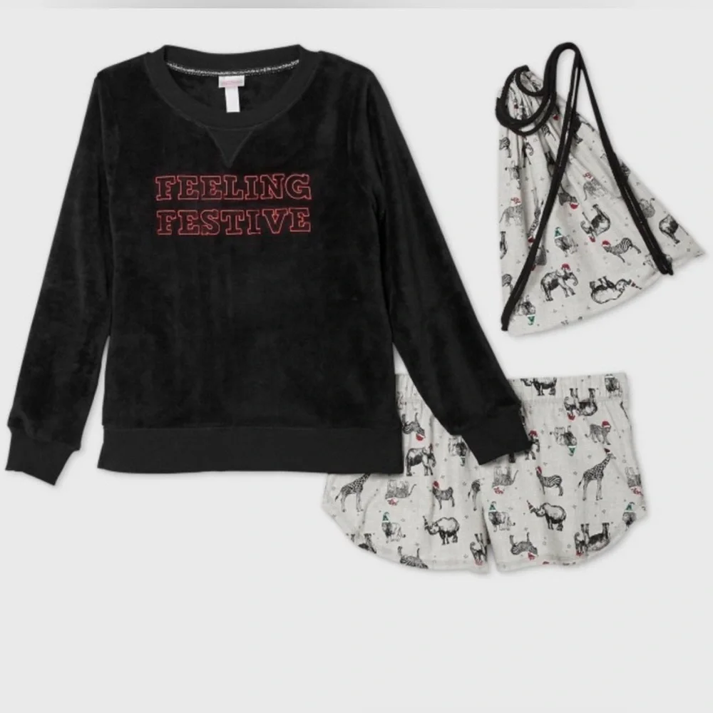 Wondershop Feeling Festive 3pc Backpack Pajama Set Sweatshirt Flannel Shorts XS